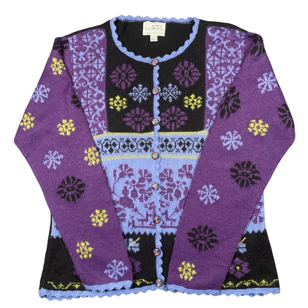 Alpaca Imports Handmade Cardigan Sweater Women's Size L Holiday Alpaca Wool Knit